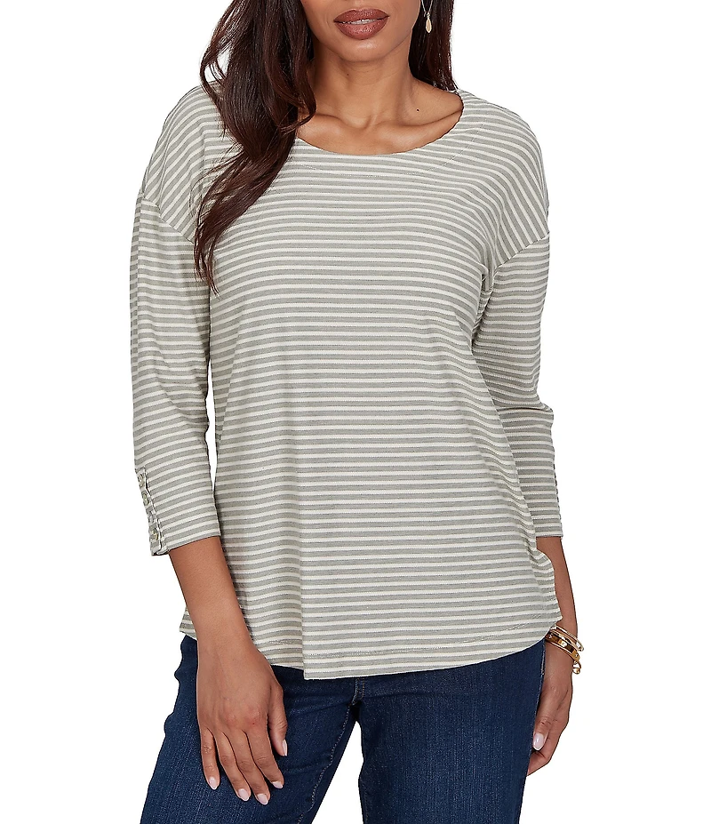 Ruby Rd. Petite Size Knit Stripe Boat Neck 3/4 Sleeve Top