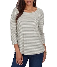 Ruby Rd. Petite Size Knit Stripe Boat Neck 3/4 Sleeve Top