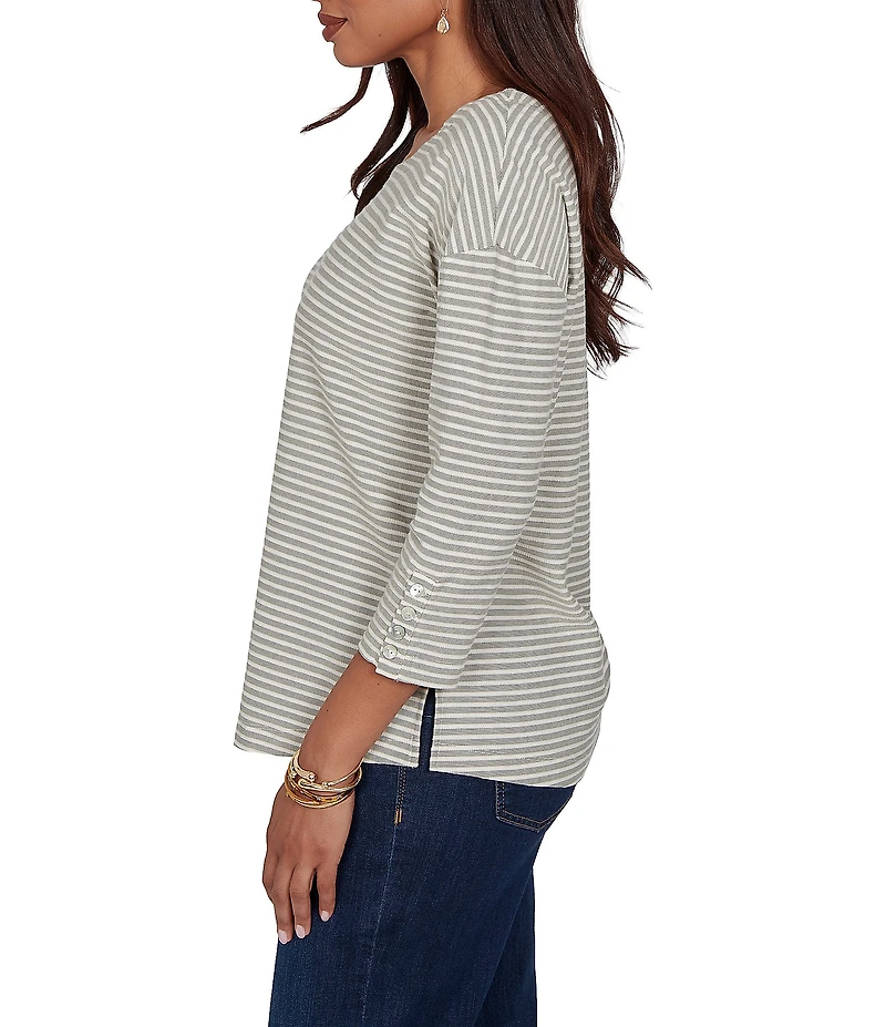 Ruby Rd. Petite Size Knit Stripe Boat Neck 3/4 Sleeve Top