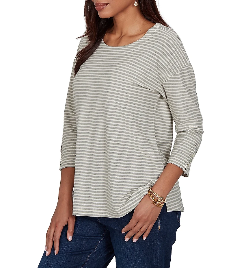 Ruby Rd. Petite Size Knit Stripe Boat Neck 3/4 Sleeve Top
