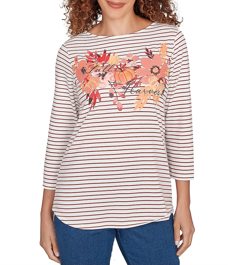 Ruby Rd. Petite Size Knit Stripe Floral Harvest Fall Graphic Top