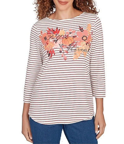 Ruby Rd. Petite Size Knit Stripe Floral Harvest Fall Graphic Top