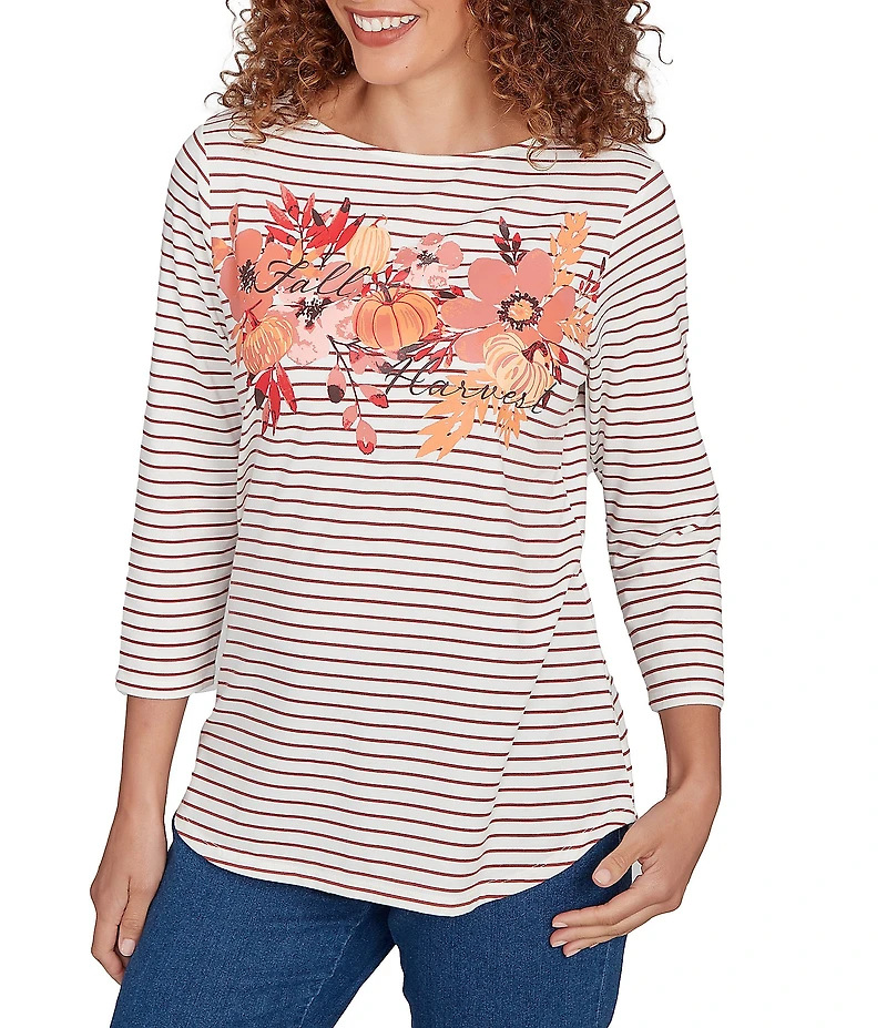 Ruby Rd. Petite Size Knit Stripe Floral Harvest Fall Graphic Top