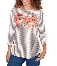 Ruby Rd. Petite Size Knit Stripe Floral Harvest Fall Graphic Top