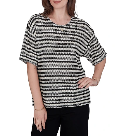 Ruby Rd. Petite Size Knit Stripe Scoop Neck Short Fringe Sleeve Tee