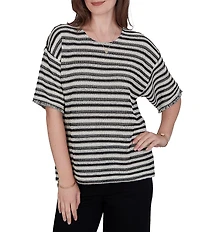 Ruby Rd. Petite Size Knit Stripe Scoop Neck Short Fringe Sleeve Tee