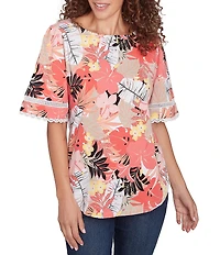 Ruby Rd. Petite Size Knit Tropical Paradise Print Crew Neck Short Sleeve Top