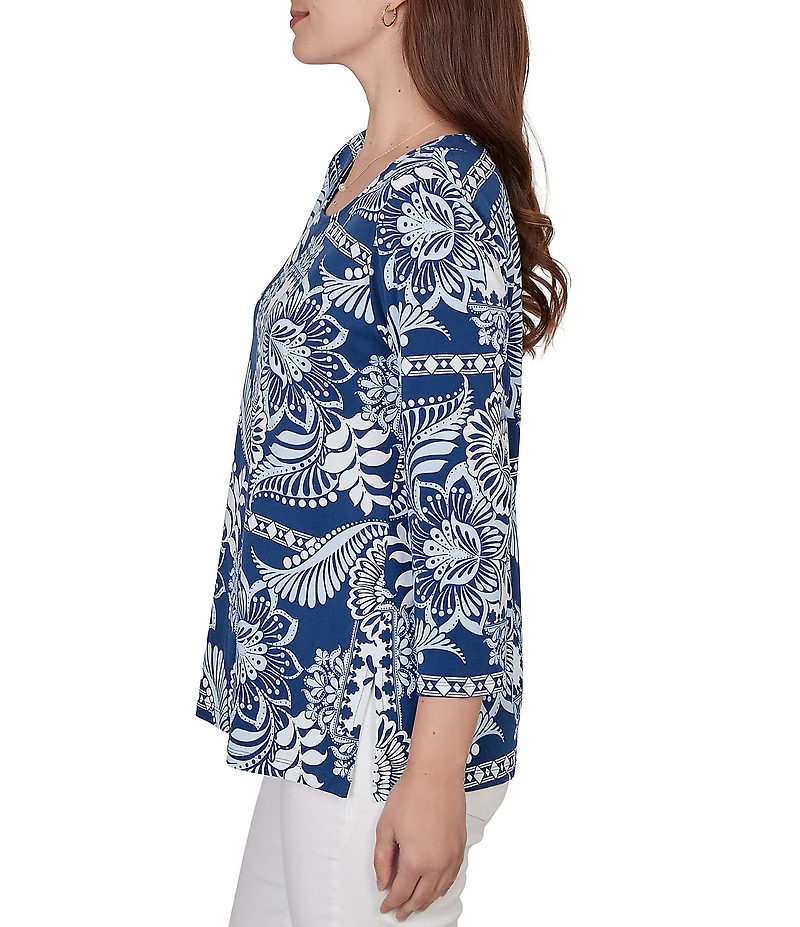 Ruby Rd. Petite Size Knit Tropical Patchwork Print Scoop Neck 3/4 Sleeve Top