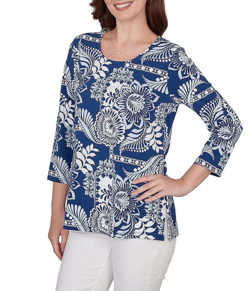 Ruby Rd. Petite Size Knit Tropical Patchwork Print Scoop Neck 3/4 Sleeve Top