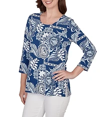 Ruby Rd. Petite Size Knit Tropical Patchwork Print Scoop Neck 3/4 Sleeve Top
