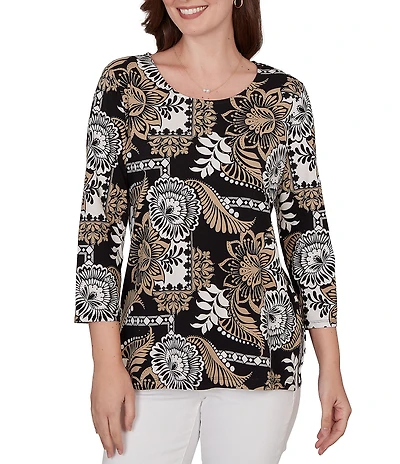 Ruby Rd. Petite Size Knit Tropical Patchwork Print Scoop Neck 3/4 Sleeve Top