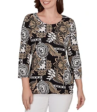Ruby Rd. Petite Size Knit Tropical Patchwork Print Scoop Neck 3/4 Sleeve Top