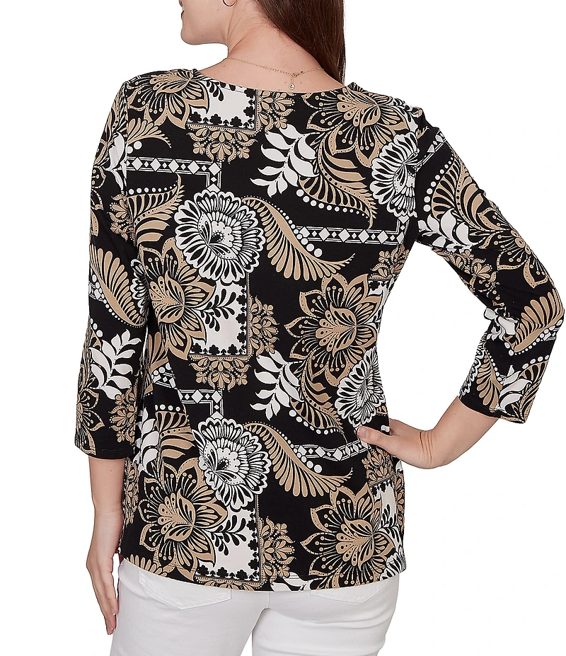 Ruby Rd. Petite Size Knit Tropical Patchwork Print Scoop Neck 3/4 Sleeve Top