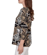 Ruby Rd. Petite Size Knit Tropical Patchwork Print Scoop Neck 3/4 Sleeve Top