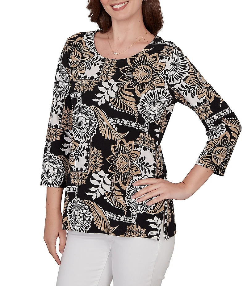 Ruby Rd. Petite Size Knit Tropical Patchwork Print Scoop Neck 3/4 Sleeve Top