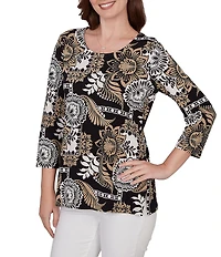 Ruby Rd. Petite Size Knit Tropical Patchwork Print Scoop Neck 3/4 Sleeve Top