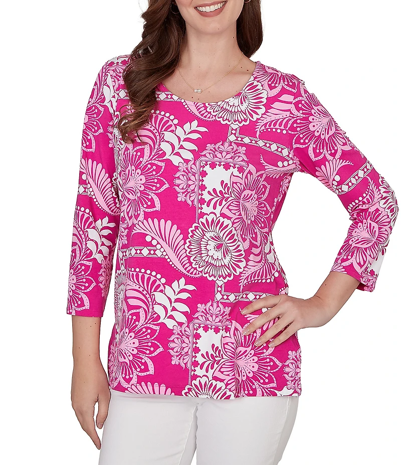 Ruby Rd. Petite Size Knit Tropical Patchwork Print Scoop Neck 3/4 Sleeve Top