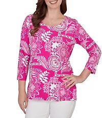 Ruby Rd. Petite Size Knit Tropical Patchwork Print Scoop Neck 3/4 Sleeve Top