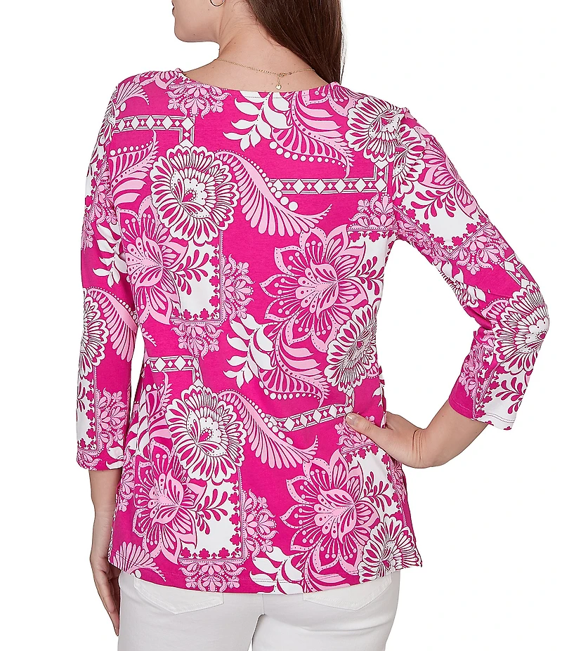 Ruby Rd. Petite Size Knit Tropical Patchwork Print Scoop Neck 3/4 Sleeve Top