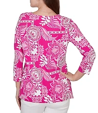 Ruby Rd. Petite Size Knit Tropical Patchwork Print Scoop Neck 3/4 Sleeve Top