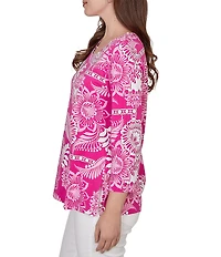 Ruby Rd. Petite Size Knit Tropical Patchwork Print Scoop Neck 3/4 Sleeve Top