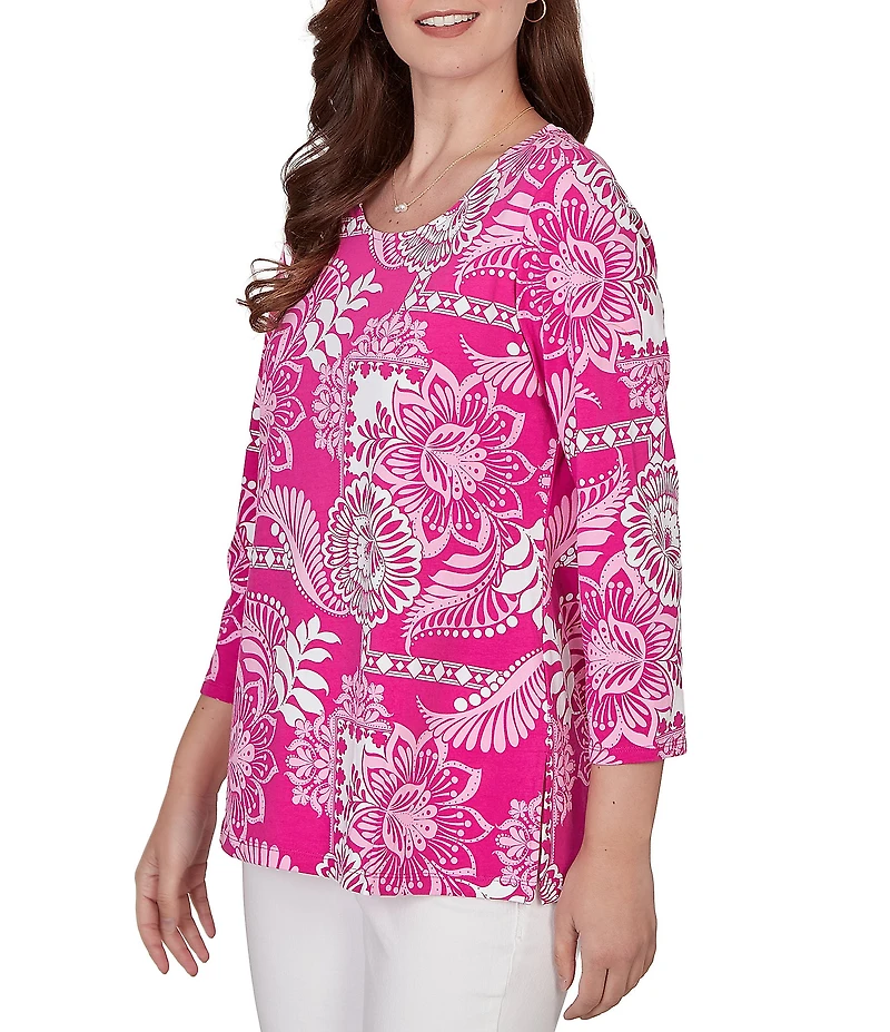 Ruby Rd. Petite Size Knit Tropical Patchwork Print Scoop Neck 3/4 Sleeve Top