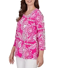 Ruby Rd. Petite Size Knit Tropical Patchwork Print Scoop Neck 3/4 Sleeve Top