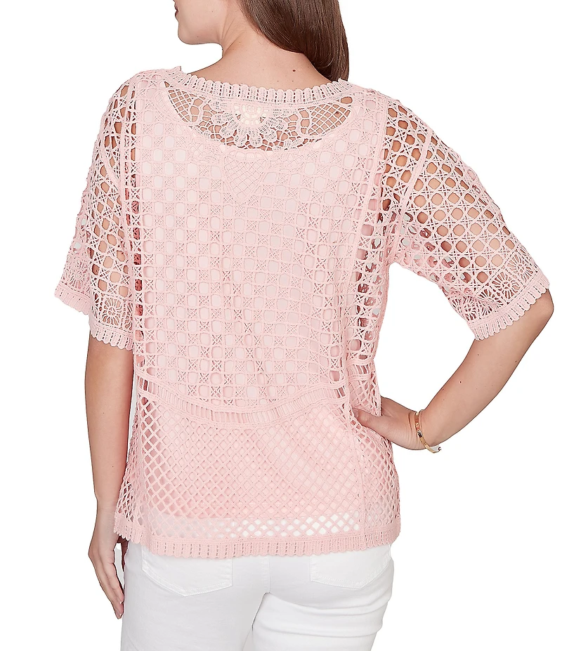 Ruby Rd. Petite Size Lace Layered Tonal Tank Open-Work Knit Top