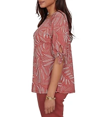 Ruby Rd. Petite Size Leaf Print Square Neck Elbow Tie Sleeve Top