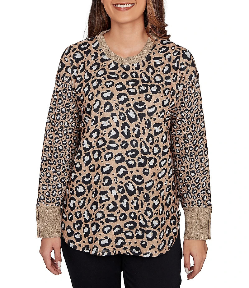 Ruby Rd. Petite Size Leopard Ribbed Crew Neck Long Sleeve Top