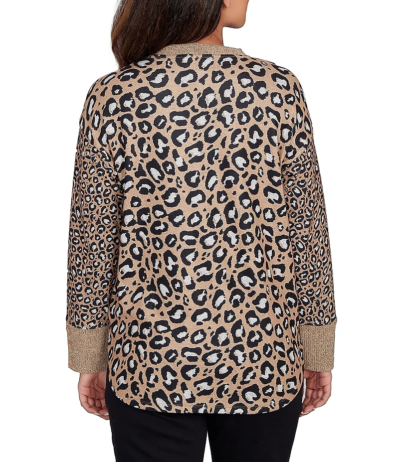 Ruby Rd. Petite Size Leopard Ribbed Crew Neck Long Sleeve Top