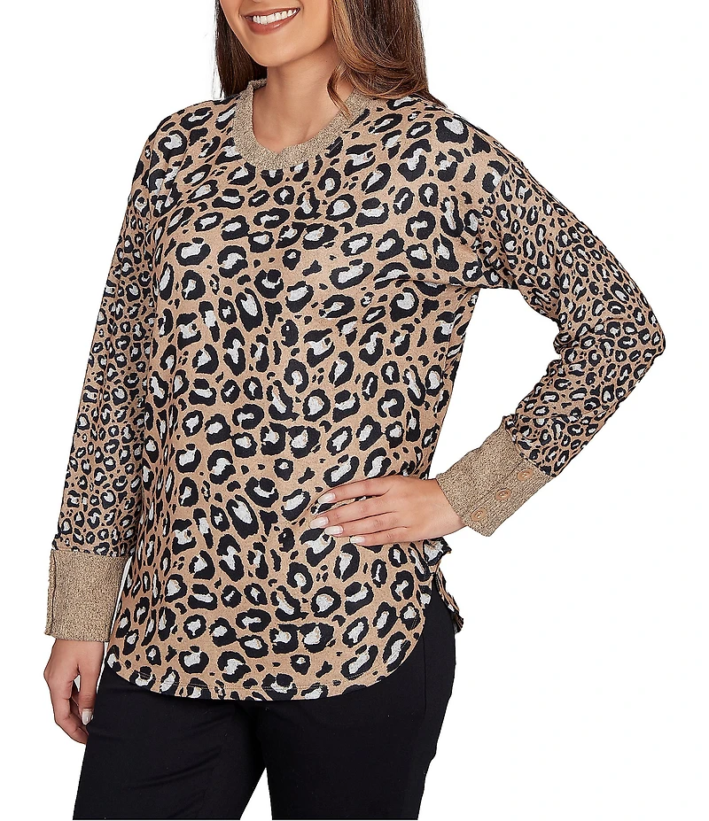 Ruby Rd. Petite Size Leopard Ribbed Crew Neck Long Sleeve Top