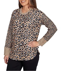 Ruby Rd. Petite Size Leopard Ribbed Crew Neck Long Sleeve Top