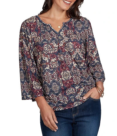 Ruby Rd. Petite Size Light Weight Slub Knit Patchwork Tapestry Split V-Neck 3/4 Sleeve Top