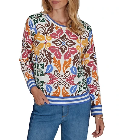 Ruby Rd. Petite Size Lightweight Knit Bold Floral Striped Trim Boat Neck Long Sleeve Sweater