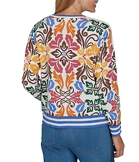 Ruby Rd. Petite Size Lightweight Knit Bold Floral Striped Trim Boat Neck Long Sleeve Sweater