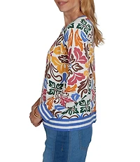 Ruby Rd. Petite Size Lightweight Knit Bold Floral Striped Trim Boat Neck Long Sleeve Sweater