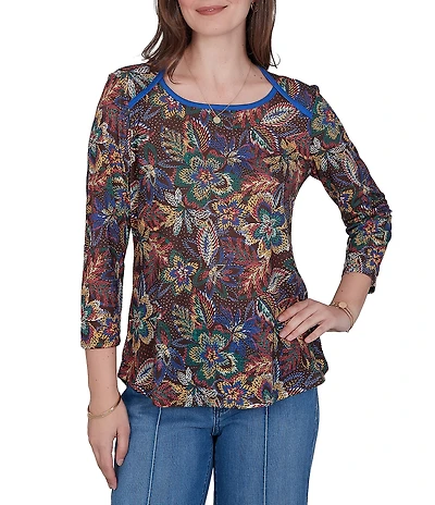 Ruby Rd. Petite Size Lightweight Knit Floral Scoop Neck 3/4 Sleeve Solid Trim Pullover