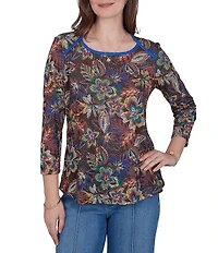 Ruby Rd. Petite Size Lightweight Knit Floral Scoop Neck 3/4 Sleeve Solid Trim Pullover
