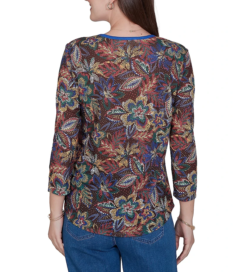 Ruby Rd. Petite Size Lightweight Knit Floral Scoop Neck 3/4 Sleeve Solid Trim Pullover