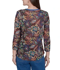 Ruby Rd. Petite Size Lightweight Knit Floral Scoop Neck 3/4 Sleeve Solid Trim Pullover
