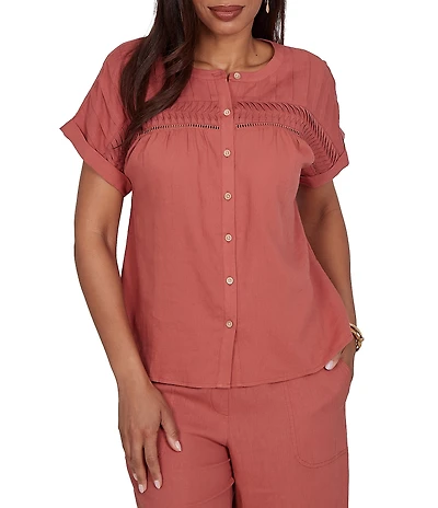 Ruby Rd. Petite Size Linen Blend Banded Round Neck Short Cuff Sleeve Button Front Shirt