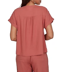 Ruby Rd. Petite Size Linen Blend Banded Round Neck Short Cuff Sleeve Button Front Shirt