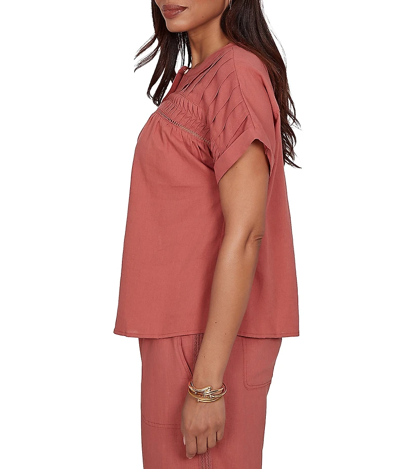 Ruby Rd. Petite Size Linen Blend Banded Round Neck Short Cuff Sleeve Button Front Shirt