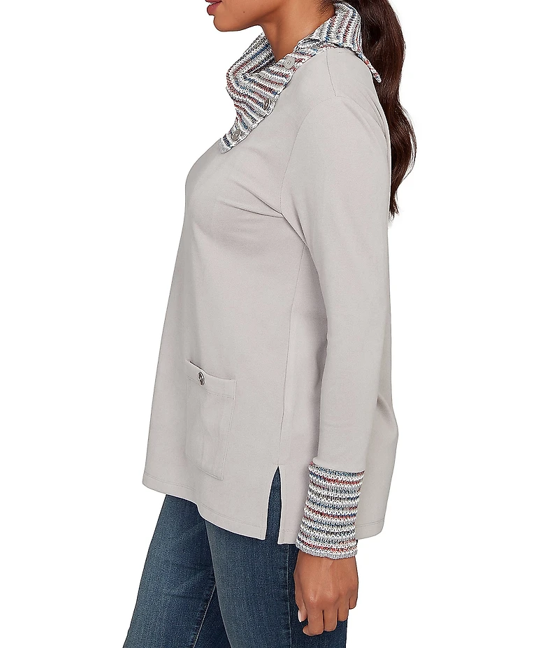 Ruby Rd. Petite Size Luxe Knit Ribbed Split Cowl Neck Long Sleeve Top