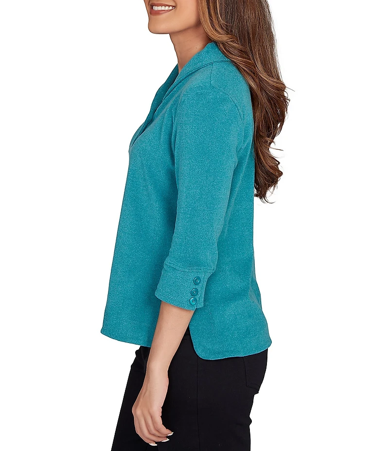 Ruby Rd. Petite Size Luxe Ribbed Knit Y-Neck 3/4 Sleeve Coordinating Top