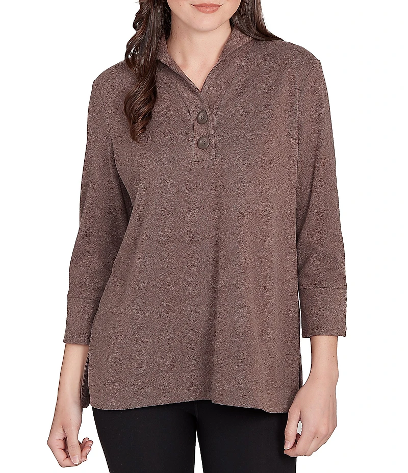 Ruby Rd. Petite Size Luxe Ribbed Knit Y-Neck 3/4 Sleeve Coordinating Top