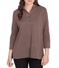 Ruby Rd. Petite Size Luxe Ribbed Knit Y-Neck 3/4 Sleeve Coordinating Top