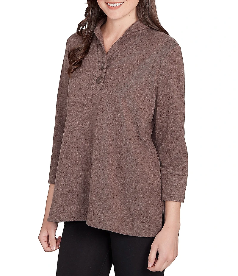 Ruby Rd. Petite Size Luxe Ribbed Knit Y-Neck 3/4 Sleeve Coordinating Top