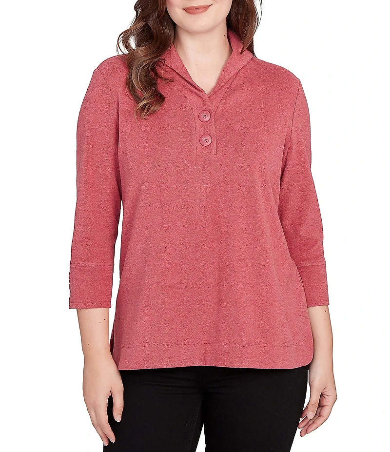 Ruby Rd. Petite Size Luxe Ribbed Knit Y-Neck 3/4 Sleeve Coordinating Top